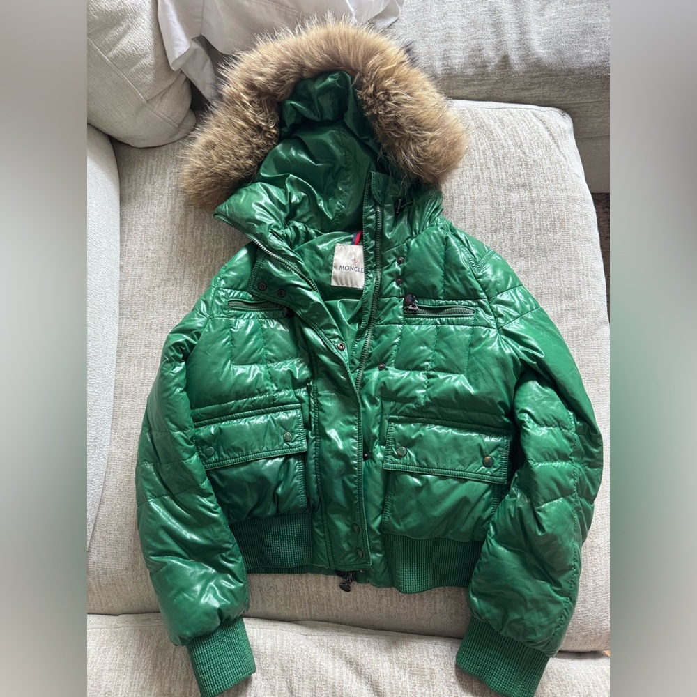 MONCLER green alpin puffer with fur hood